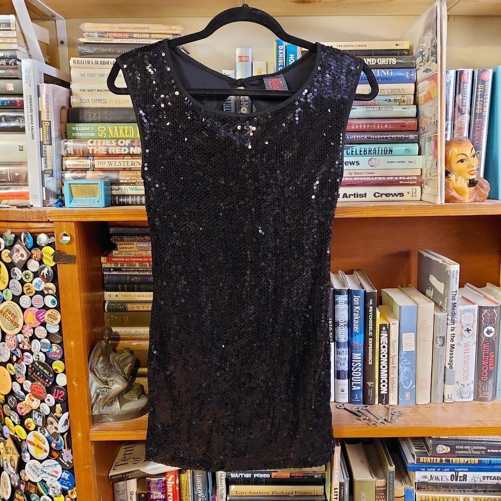 Y2K black sequin mini dress with a key hole open back.